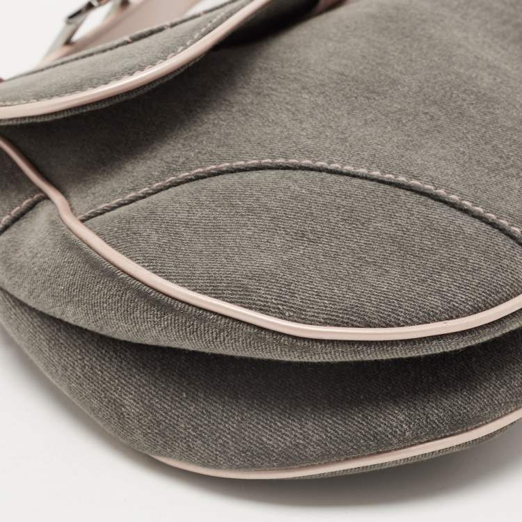Pre Owned Dior Dark Grey/Pink Denim and Glazed Leather Saddle Bag