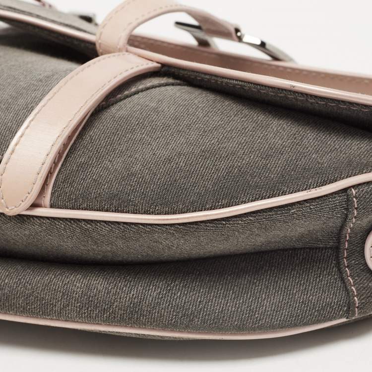 Pre Owned Dior Dark Grey/Pink Denim and Glazed Leather Saddle Bag