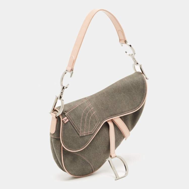 Pre Owned Dior Dark Grey/Pink Denim and Glazed Leather Saddle Bag