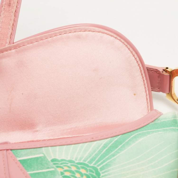 Pre Owned Dior Pink/Green Printed Satin and Glazed Leather Limited Edition 0705 Saddle Bag