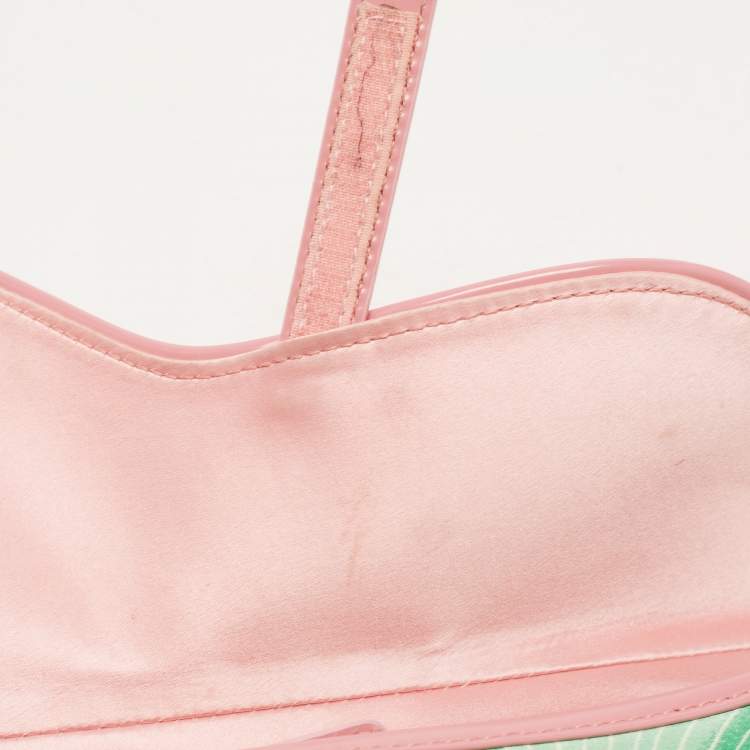 Pre Owned Dior Pink/Green Printed Satin and Glazed Leather Limited Edition 0705 Saddle Bag
