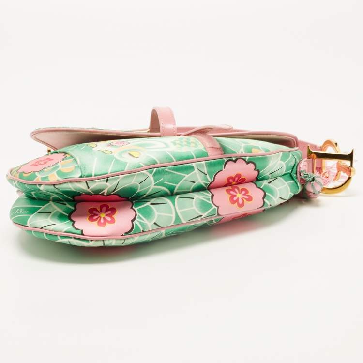Pre Owned Dior Pink/Green Printed Satin and Glazed Leather Limited Edition 0705 Saddle Bag