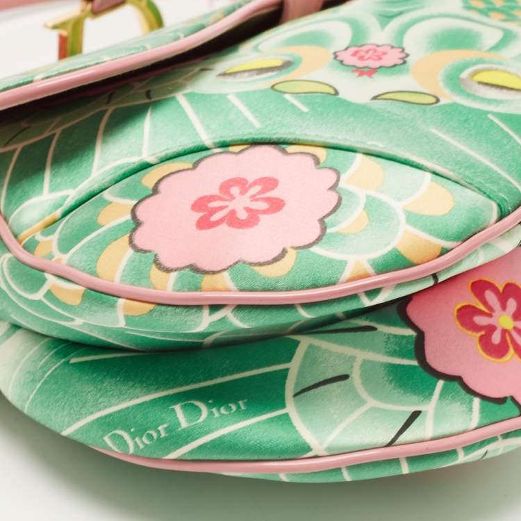 Pre Owned Dior Pink/Green Printed Satin and Glazed Leather Limited Edition 0705 Saddle Bag