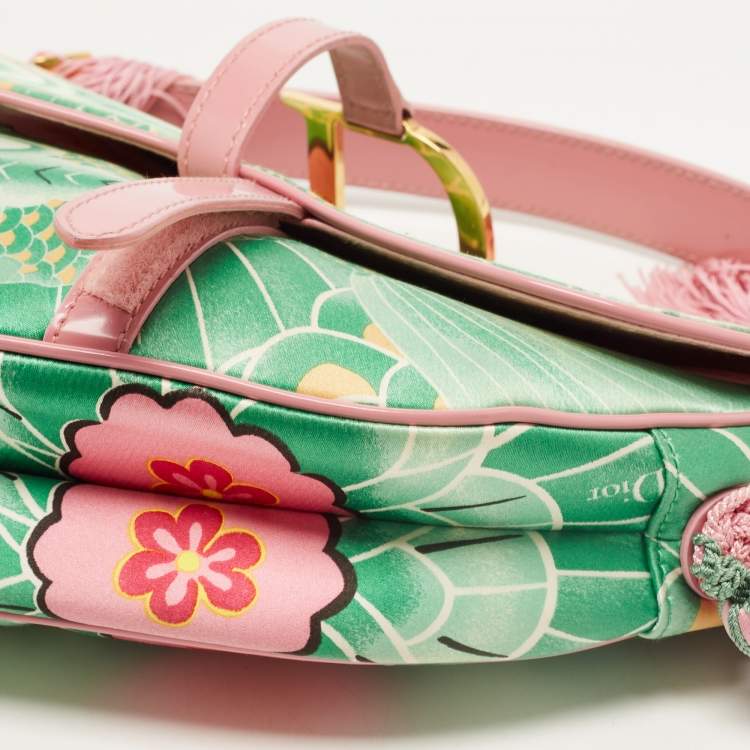 Pre Owned Dior Pink/Green Printed Satin and Glazed Leather Limited Edition 0705 Saddle Bag