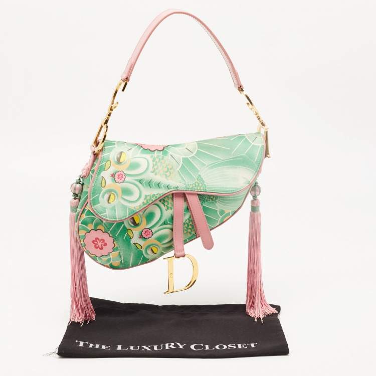 Pre Owned Dior Pink/Green Printed Satin and Glazed Leather Limited Edition 0705 Saddle Bag