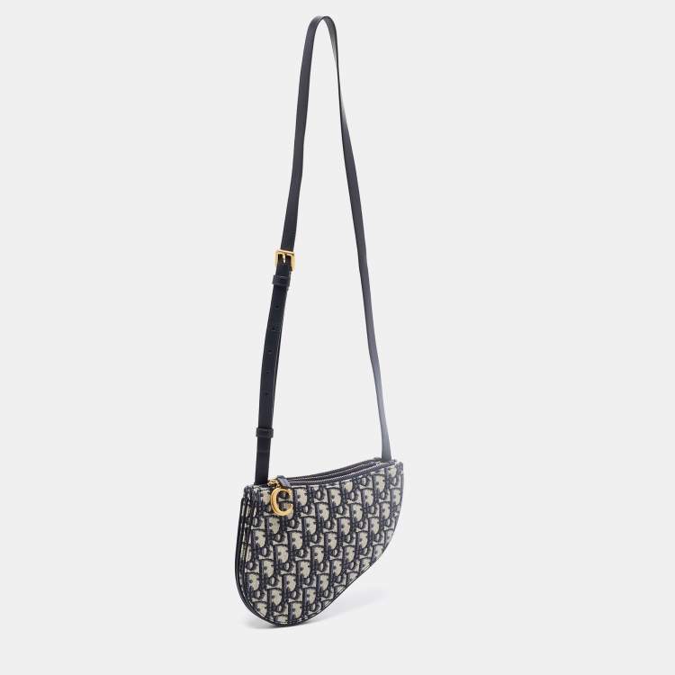 Pre Owned Dior Navy Blue Oblique Canvas Strap Saddle Pouch