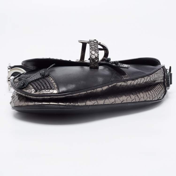 Pre Owned Dior Black/Gun Metal Python and Leather Saddle Bag