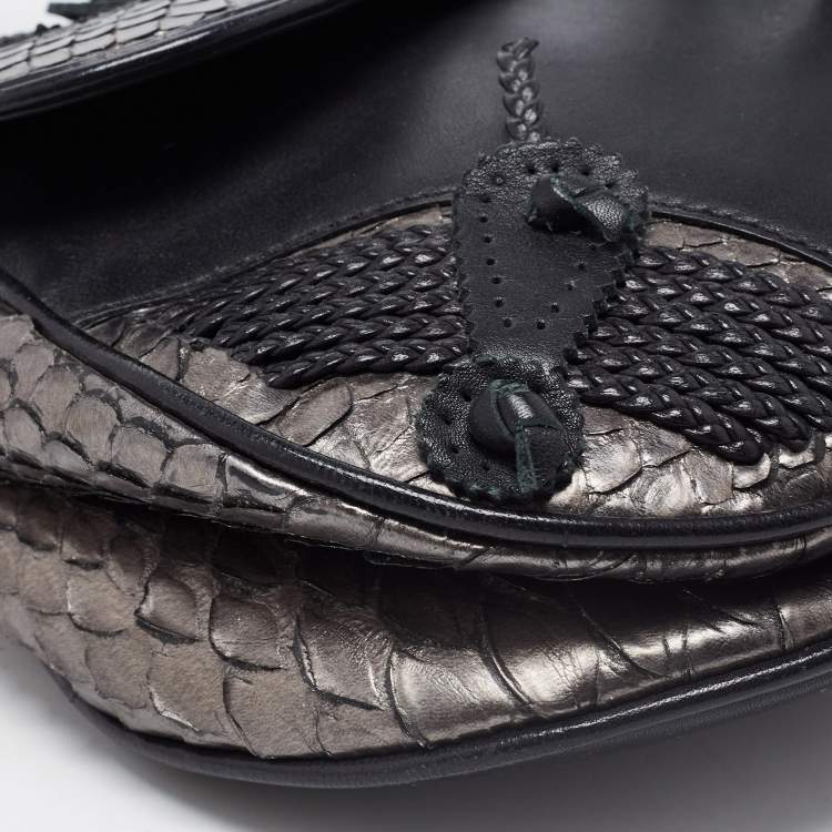 Pre Owned Dior Black/Gun Metal Python and Leather Saddle Bag