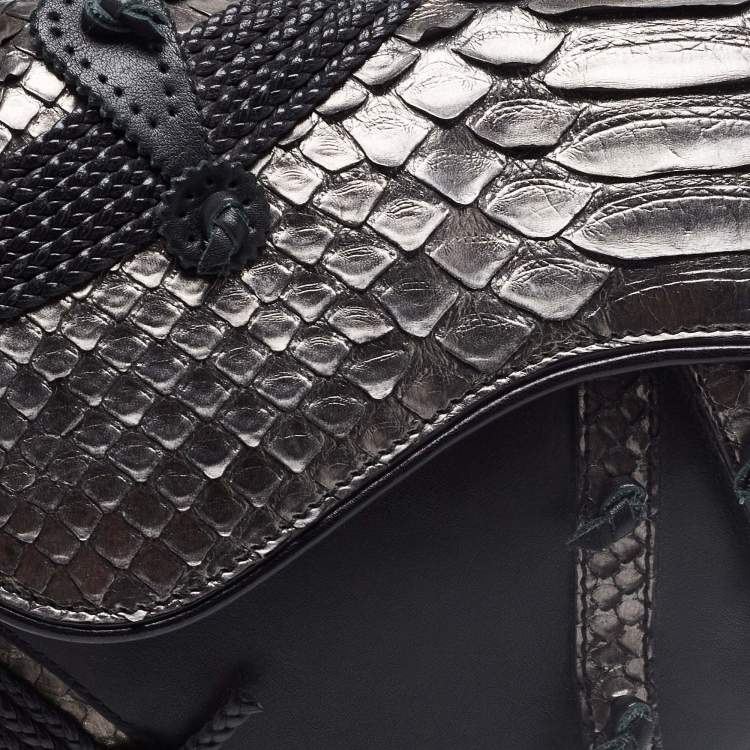 Pre Owned Dior Black/Gun Metal Python and Leather Saddle Bag
