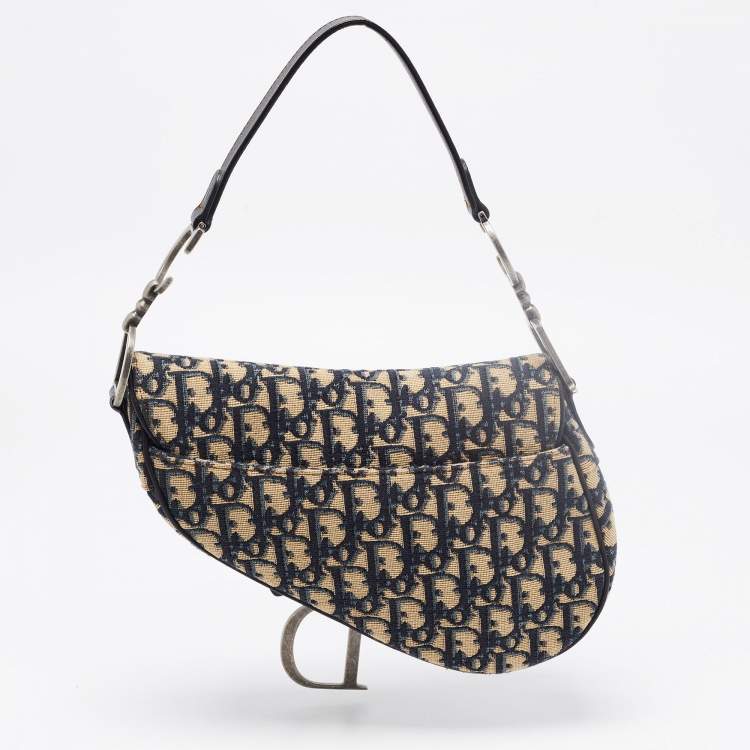 Pre Owned Dior Navy Blue Oblique Canvas and Leather Saddle Bag