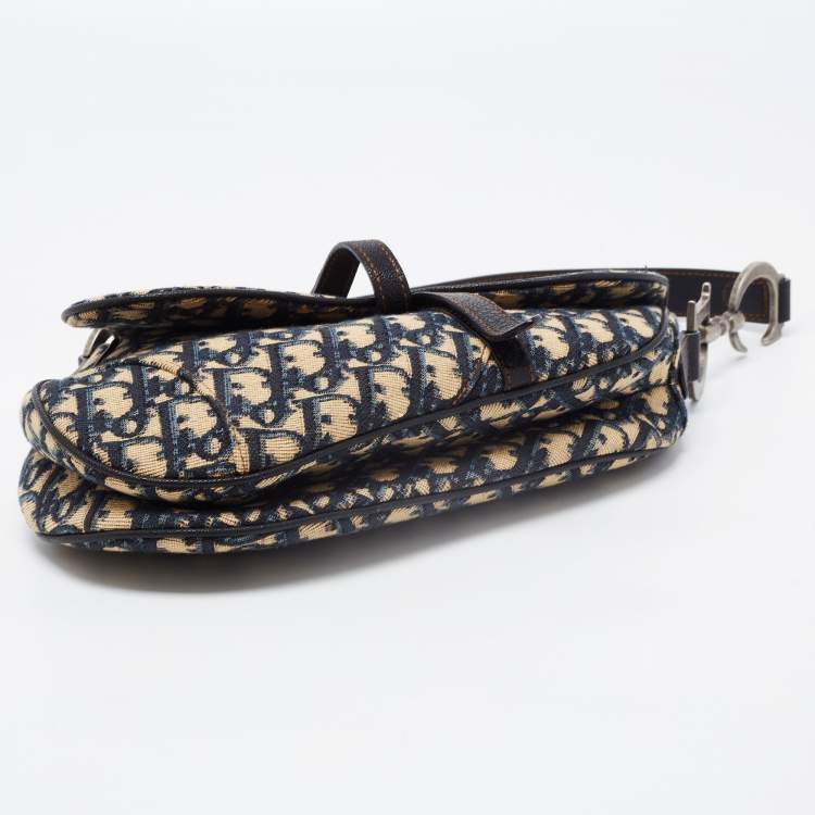 Pre Owned Dior Navy Blue Oblique Canvas and Leather Saddle Bag