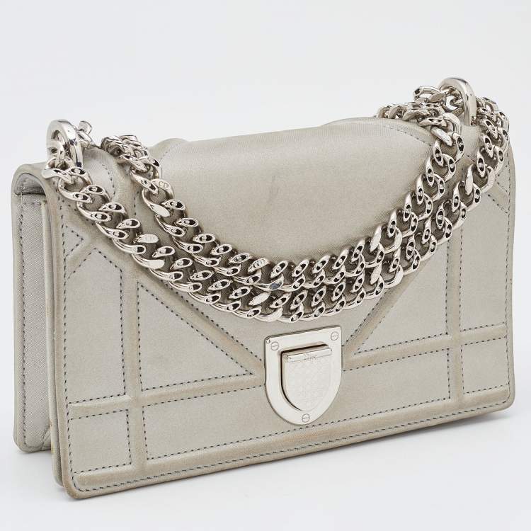 Pre Owned Dior Grey Shimmering Leather Mini Diorama Crossbody Bag