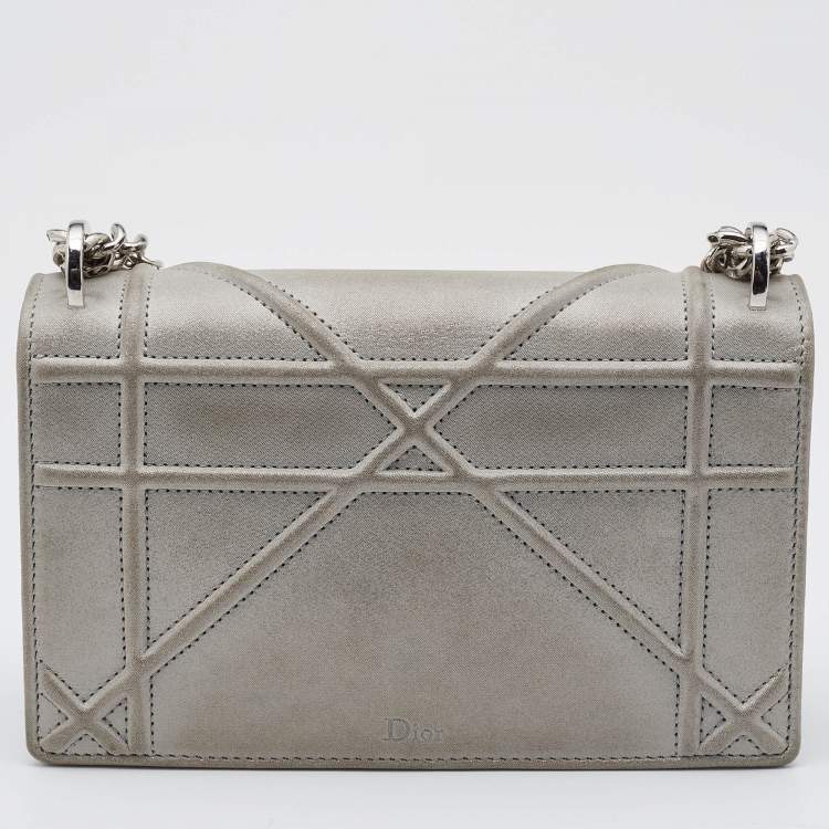 Pre Owned Dior Grey Shimmering Leather Mini Diorama Crossbody Bag