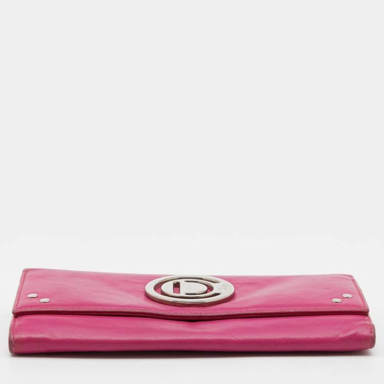 Pre Owned Dior Pink Leather Round Logo Flap Continental Wallet
