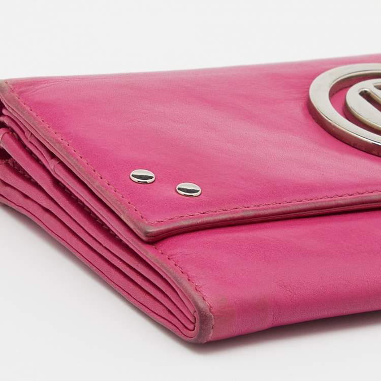Pre Owned Dior Pink Leather Round Logo Flap Continental Wallet