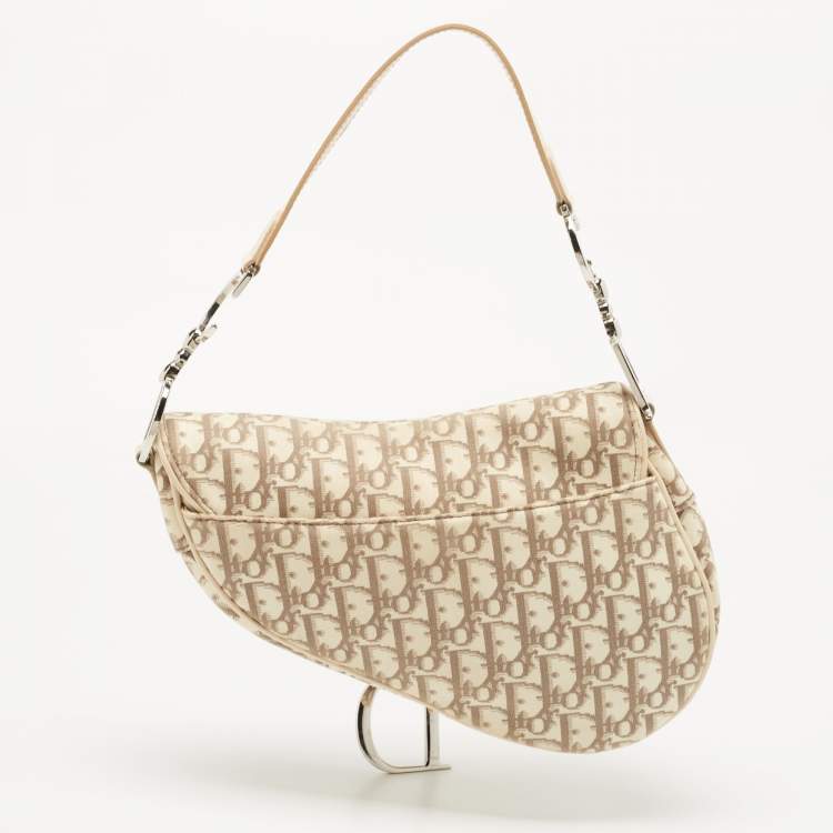 Pre Owned Dior Beige Oblique Canvas and Leather Floral Embroidered Saddle Bag