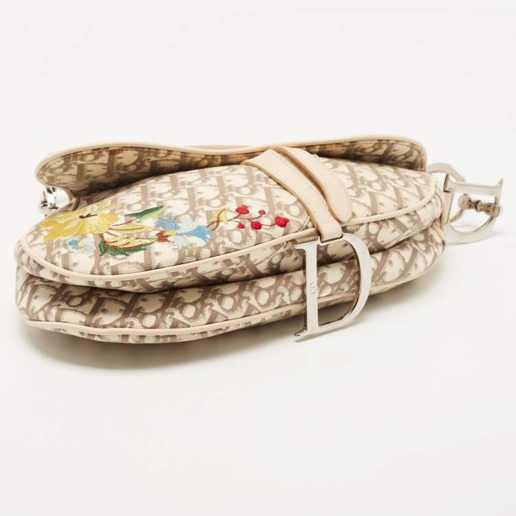 Pre Owned Dior Beige Oblique Canvas and Leather Floral Embroidered Saddle Bag