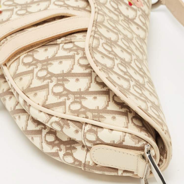 Pre Owned Dior Beige Oblique Canvas and Leather Floral Embroidered Saddle Bag