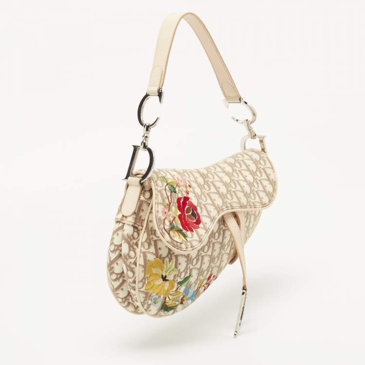 Pre Owned Dior Beige Oblique Canvas and Leather Floral Embroidered Saddle Bag