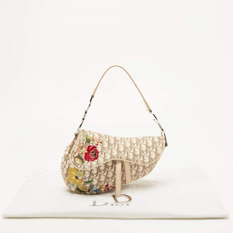 Pre Owned Dior Beige Oblique Canvas and Leather Floral Embroidered Saddle Bag