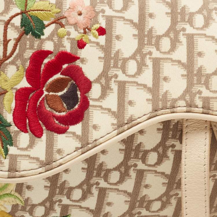Pre Owned Dior Beige Oblique Canvas and Leather Floral Embroidered Saddle Bag