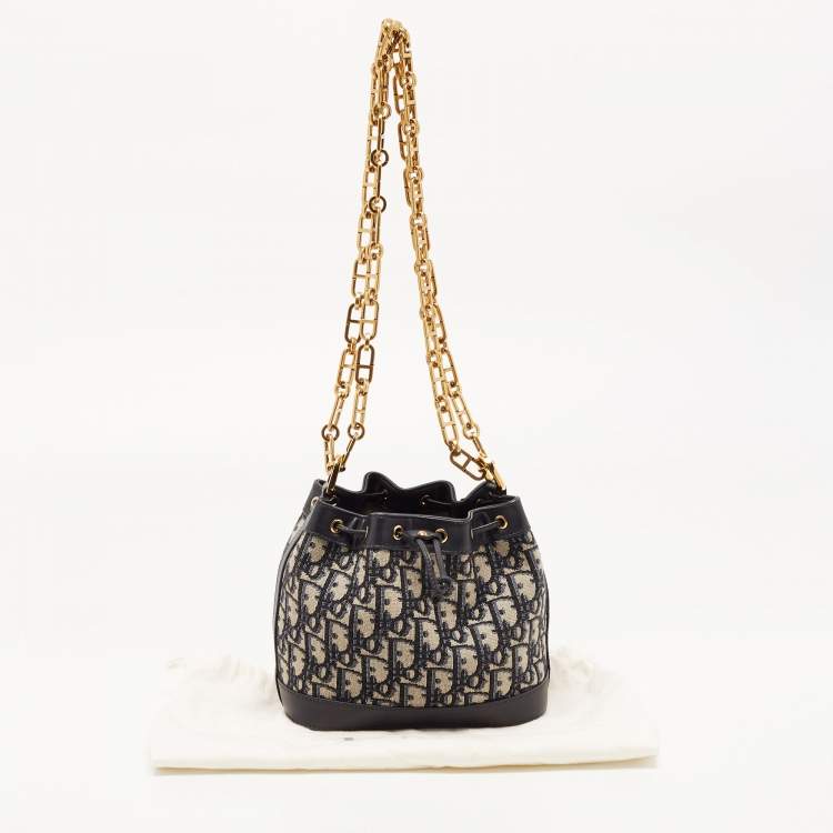 Pre Owned Dior Navy Blue Oblique Canvas and Leather Mini Bucket Bag