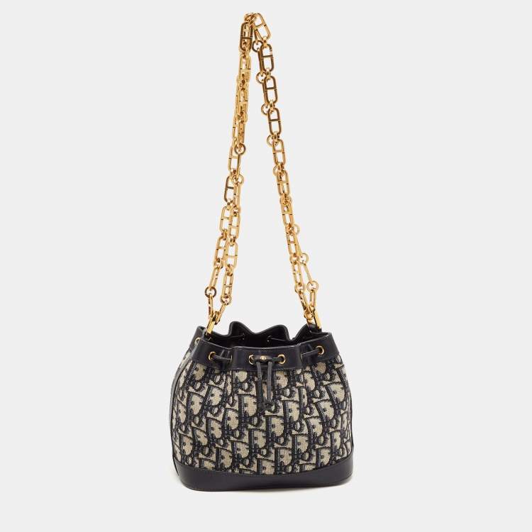 Pre Owned Dior Navy Blue Oblique Canvas and Leather Mini Bucket Bag