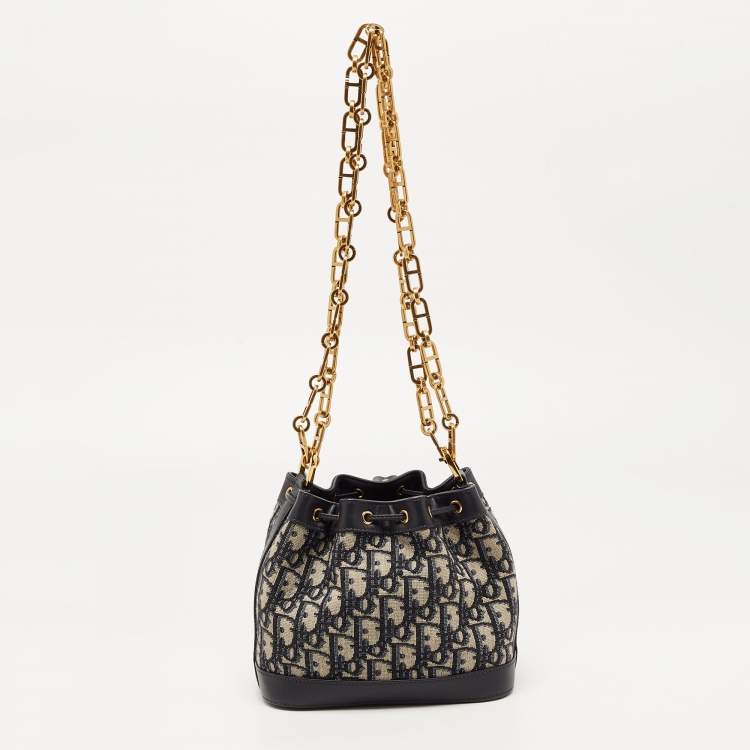 Pre Owned Dior Navy Blue Oblique Canvas and Leather Mini Bucket Bag