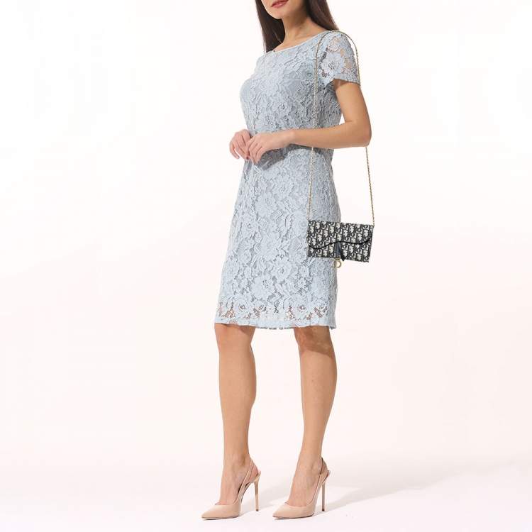 Pre Owned Dior Navy Blue Oblique Canvas and Leather Saddle Wallet On Chain