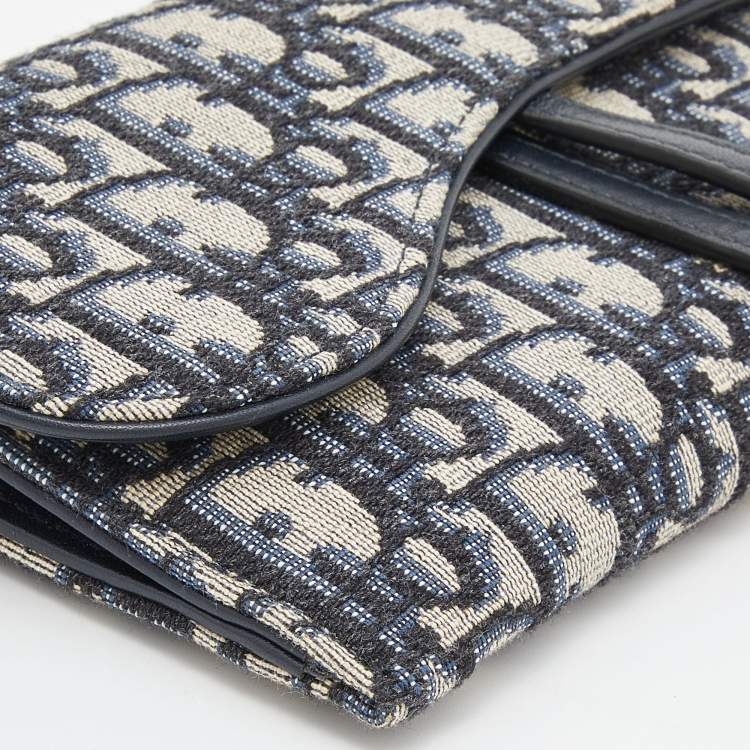 Pre Owned Dior Navy Blue Oblique Canvas and Leather Saddle Wallet On Chain