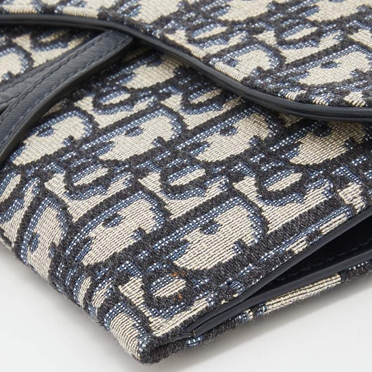 Pre Owned Dior Navy Blue Oblique Canvas and Leather Saddle Wallet On Chain