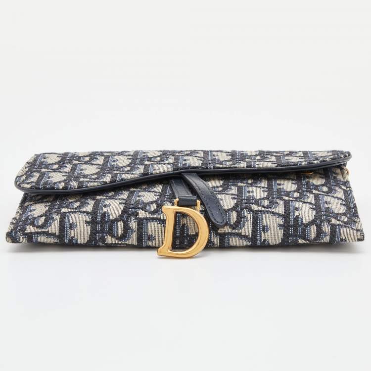 Pre Owned Dior Navy Blue Oblique Canvas and Leather Saddle Wallet On Chain