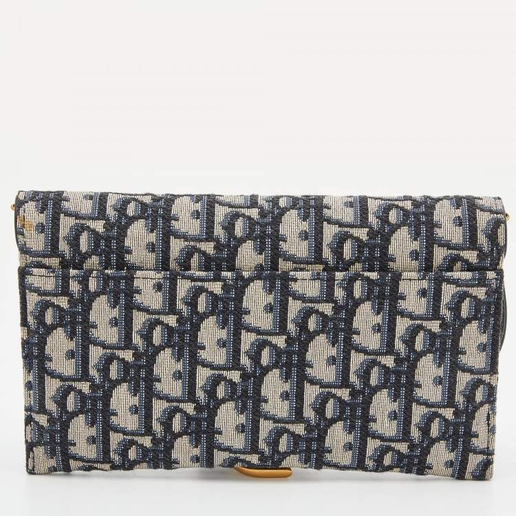 Pre Owned Dior Navy Blue Oblique Canvas and Leather Saddle Wallet On Chain