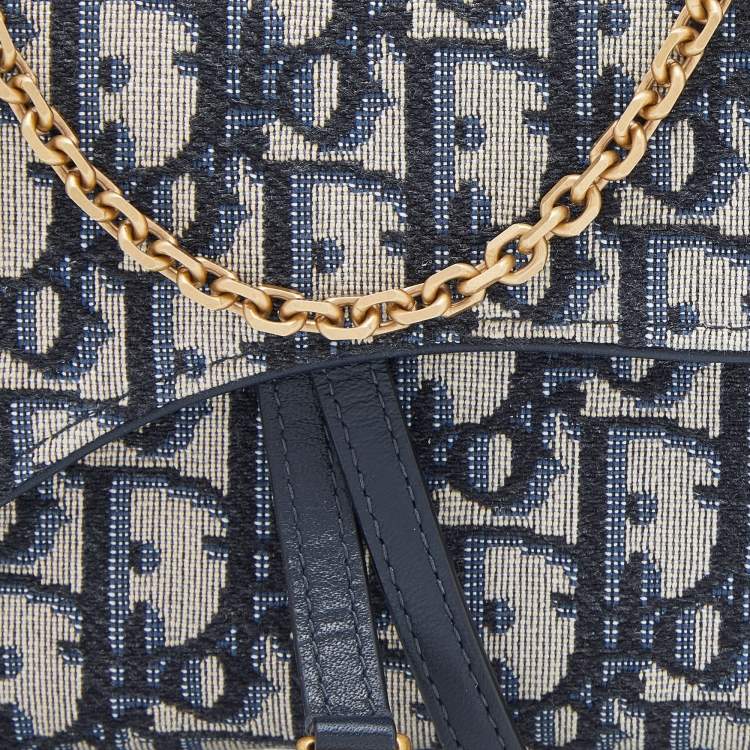 Pre Owned Dior Navy Blue Oblique Canvas and Leather Saddle Wallet On Chain