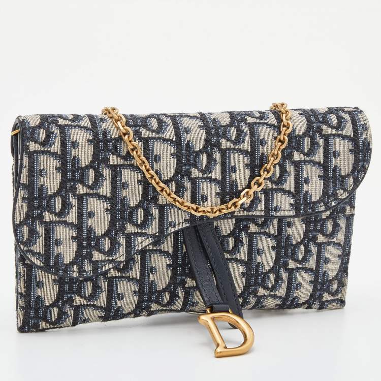 Pre Owned Dior Navy Blue Oblique Canvas and Leather Saddle Wallet On Chain