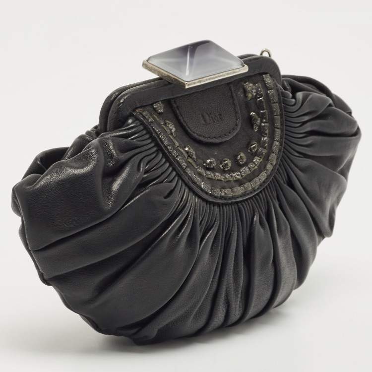 Pre Owned Dior Black Pleated Leather Frame Clutch