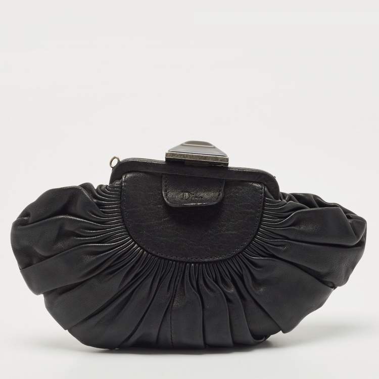 Pre Owned Dior Black Pleated Leather Frame Clutch