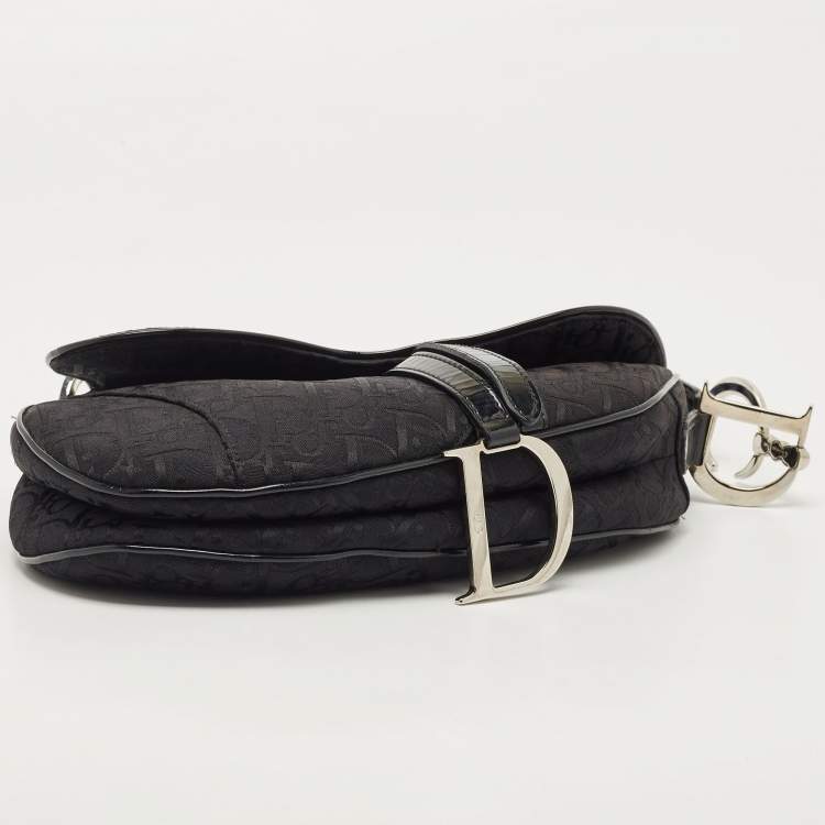 Pre Owned Dior Black Oblique Canvas and Patent Leather Saddle Bag