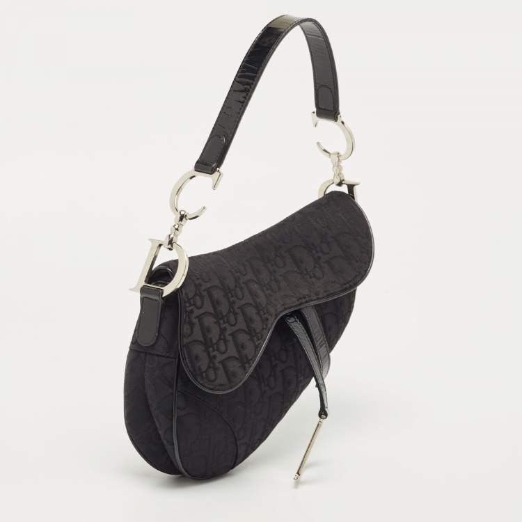 Pre Owned Dior Black Oblique Canvas and Patent Leather Saddle Bag