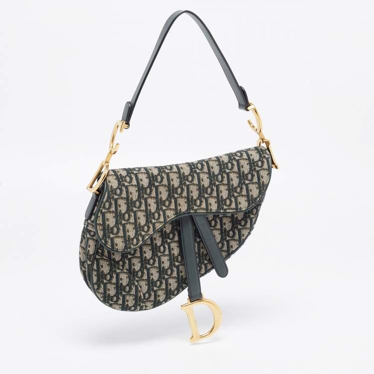 Pre Owned Dior Green Oblique Canvas and Leather Saddle Bag
