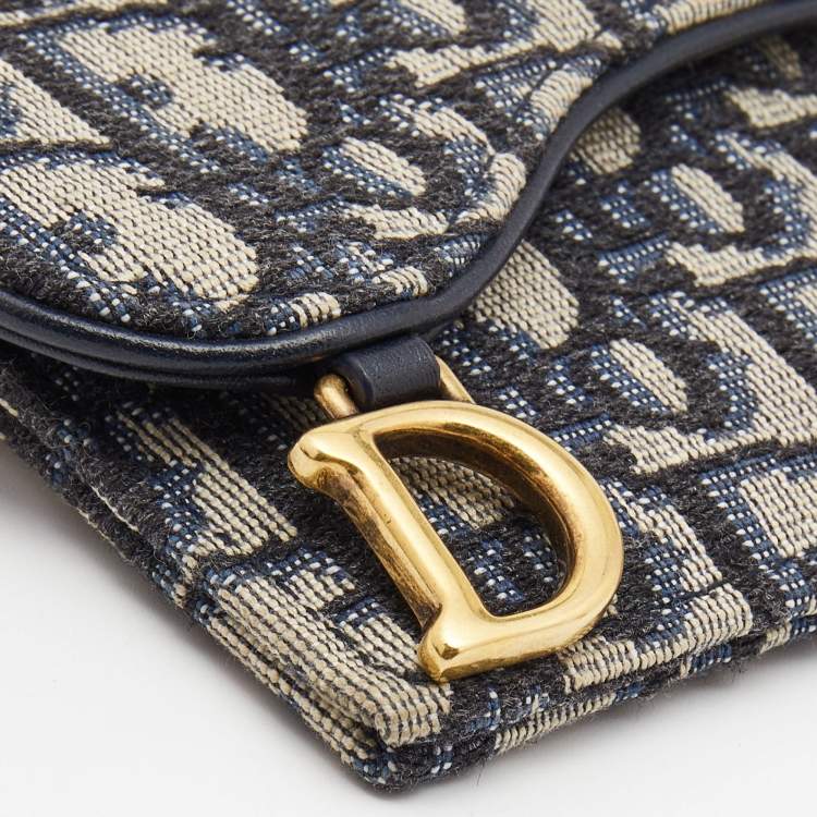 Pre Owned Dior Blue Oblique Jacquard Saddle 5 Gusset Card Holder