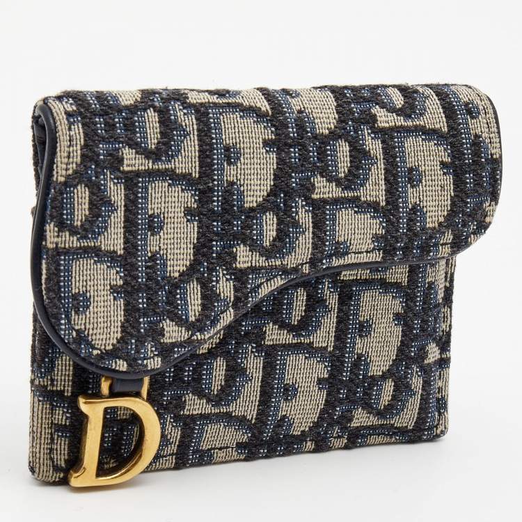 Pre Owned Dior Blue Oblique Jacquard Saddle 5 Gusset Card Holder