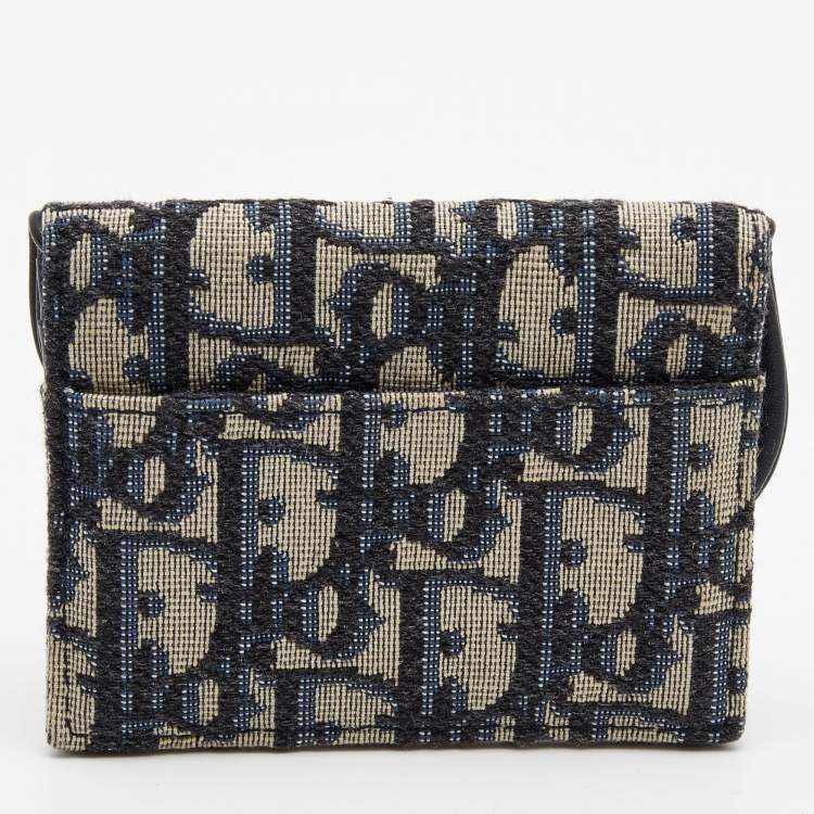 Pre Owned Dior Blue Oblique Jacquard Saddle 5 Gusset Card Holder