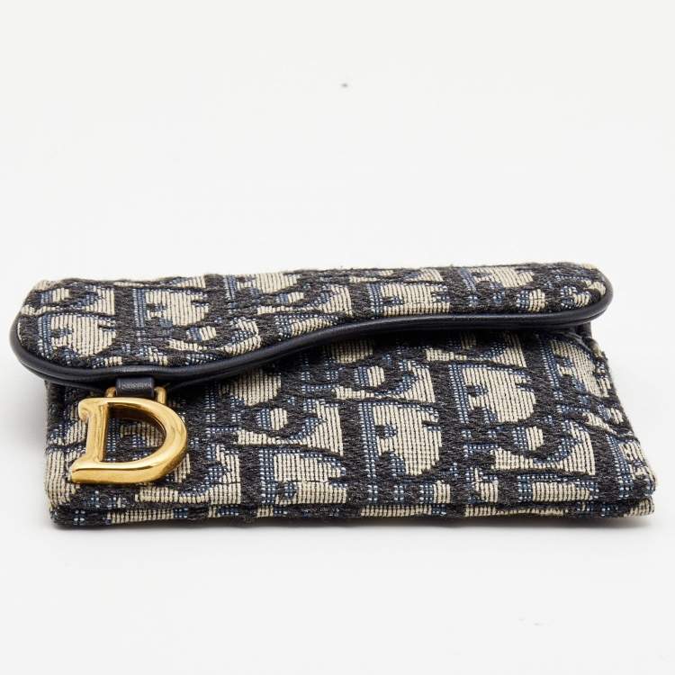 Pre Owned Dior Blue Oblique Jacquard Saddle 5 Gusset Card Holder