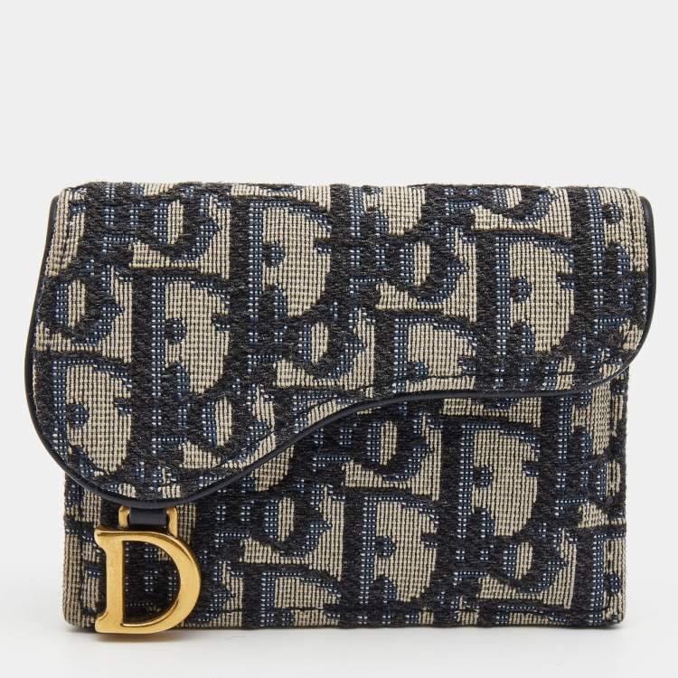 Pre Owned Dior Blue Oblique Jacquard Saddle 5 Gusset Card Holder