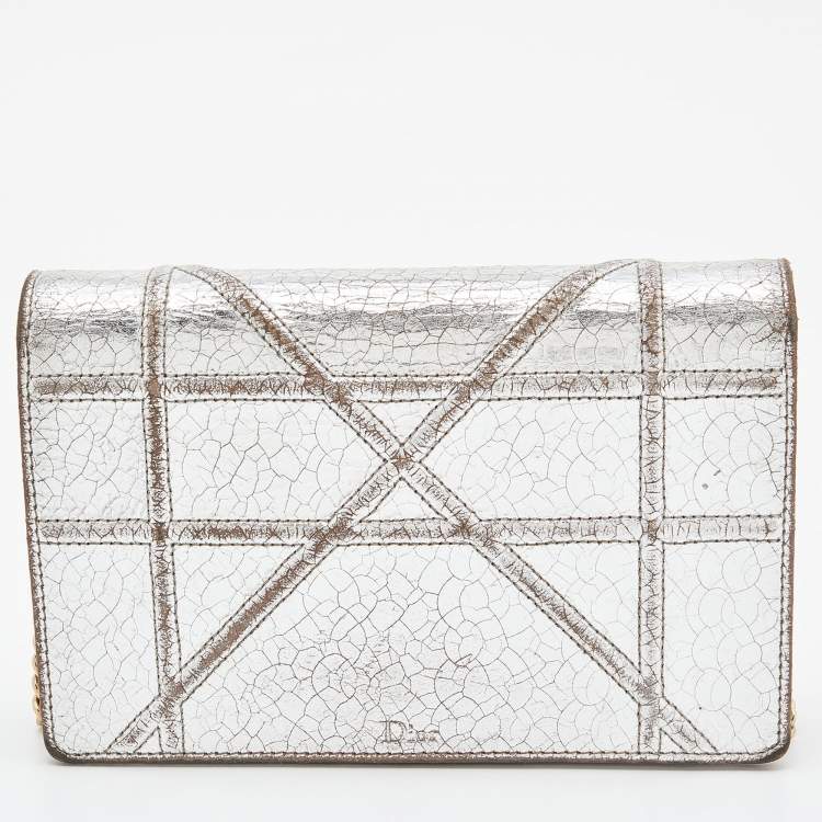 Pre Owned Dior Silver Crinkled Leather Diorama Wallet on Chain
