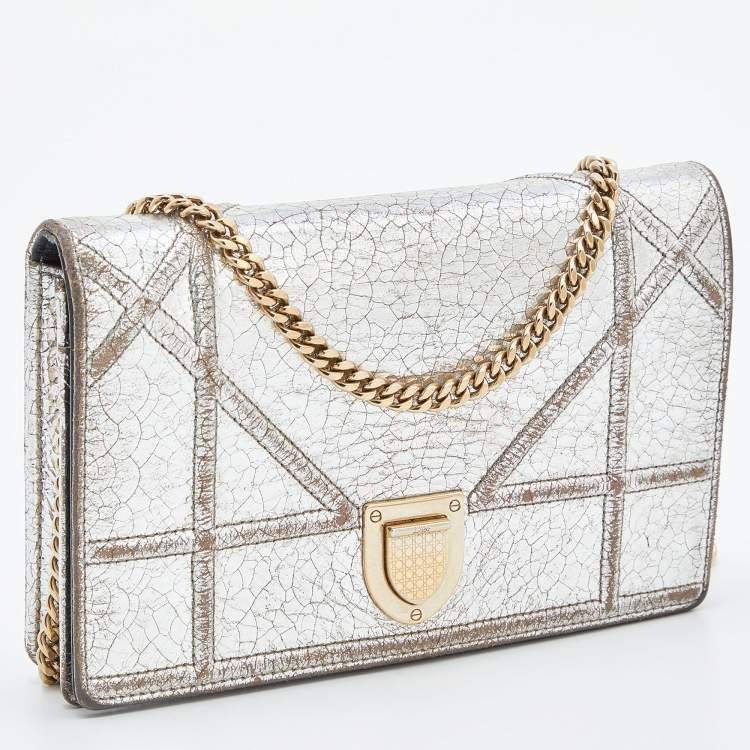 Pre Owned Dior Silver Crinkled Leather Diorama Wallet on Chain