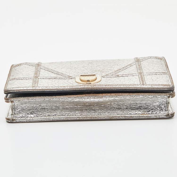 Pre Owned Dior Silver Crinkled Leather Diorama Wallet on Chain