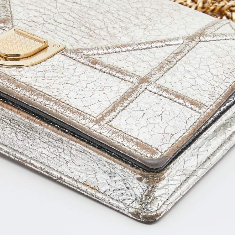 Pre Owned Dior Silver Crinkled Leather Diorama Wallet on Chain