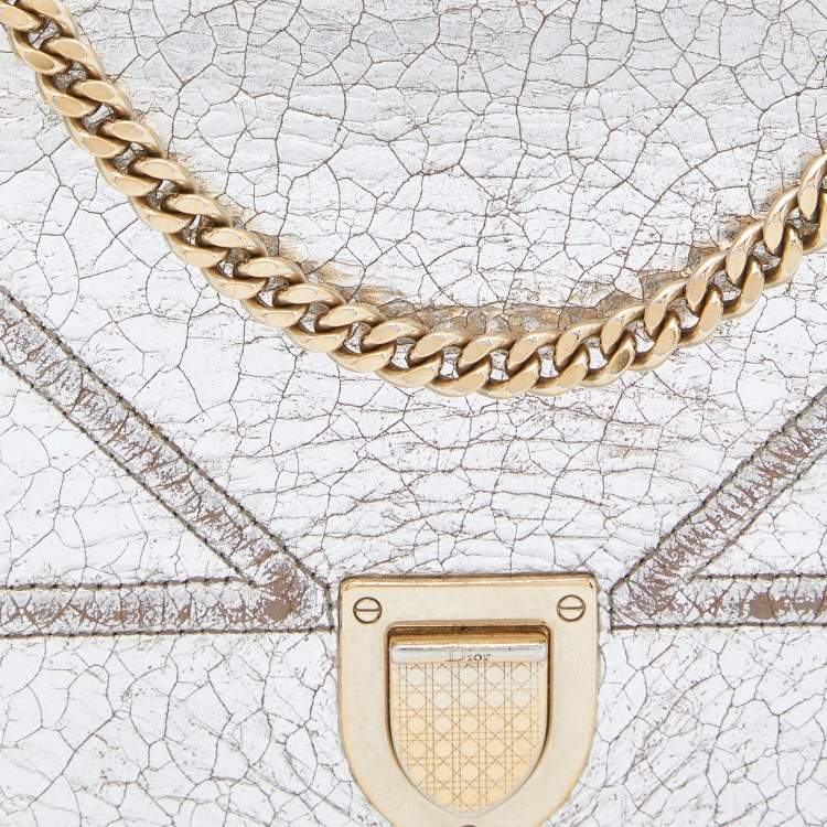 Pre Owned Dior Silver Crinkled Leather Diorama Wallet on Chain
